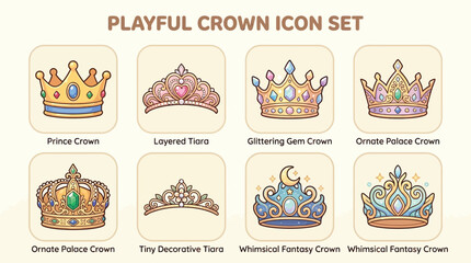 A collection of eight playful crown and tiara icons, each with unique designs and embellishments, presented in a grid layout. © Terra