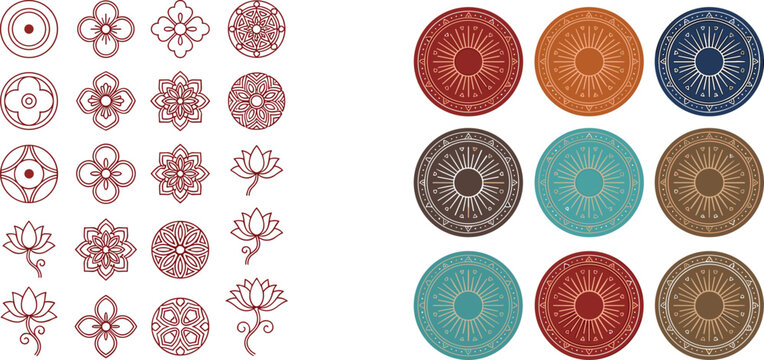 Elegant collection of traditional oriental mandala ornaments and lotus flower line icons with colorful geometric sunburst circular emblems
