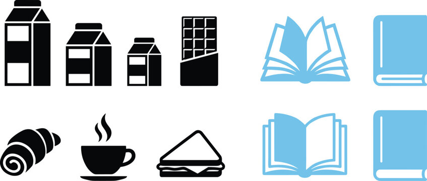 Flat vector icon set featuring school lunch snacks food items and blue book symbols for educational and lifestyle designs