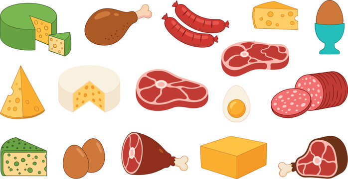 Assorted food collection. Cheese, meat, sausages, chicken, eggs, ham, and salami illustrations. Ideal for cooking icons, breakfast visuals, grocery designs, and restaurant menus.