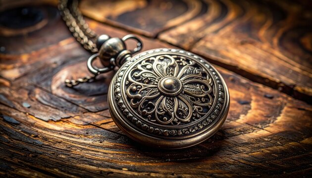 Ornate antique silver locket with intricate floral engraving and metal chain resting on textured wood