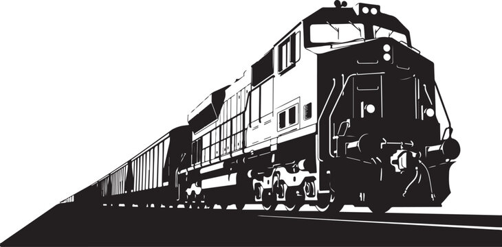 Black train locomotive, diesel engine, railroad transportation, vector illustration