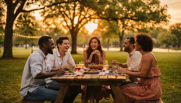 Lively outdoor dinner party with diverse friends enjoying a gourmet meal and wine under string lights in a beautiful garden setting at sunset, celebrating friendship and summer evening vibes.