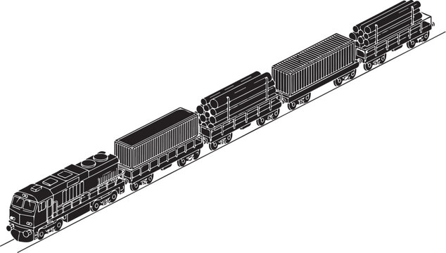 Industrial train, freight locomotive, cargo carriages, metal railway