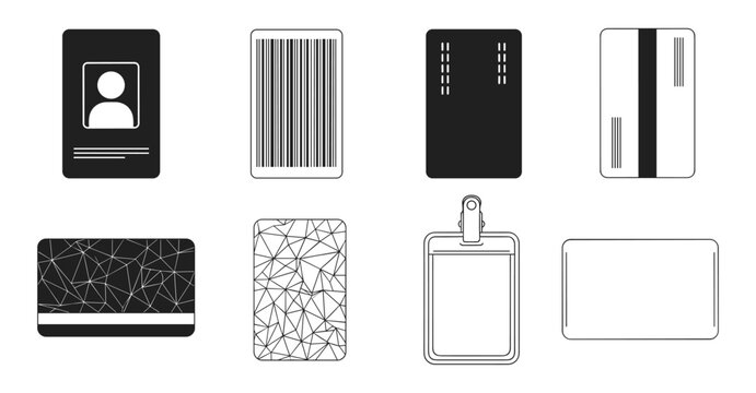 Set of id card vector illustration, credit card icon, id badge, barcode, document identification.
