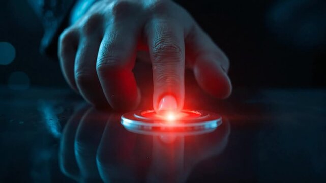 Hand Pressing Glowing Red Button Technology Concept