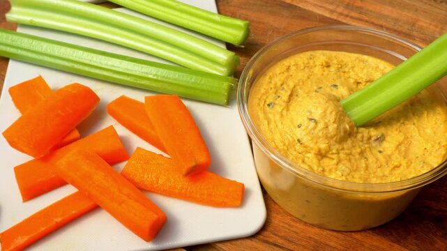 Closeup of a hand holding a newly opened tub of houmous or hummus, then dipping in and taking some out to eat using one from some sticks of raw celery and sliced carrots.