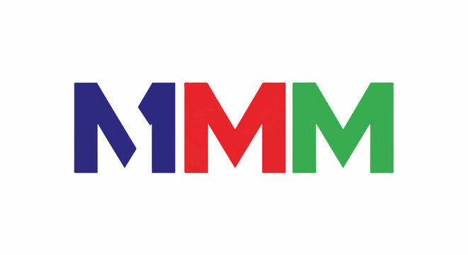 Bold, block letters in blue, red, and green form the word MMM