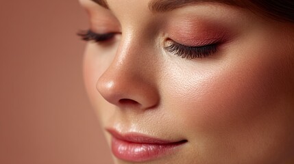 Fototapeta premium Close-Up Portrait of a Young Woman with Natural Makeup, Soft Skin, and Relaxed Expression in Warm Tones Against a Blurred Background