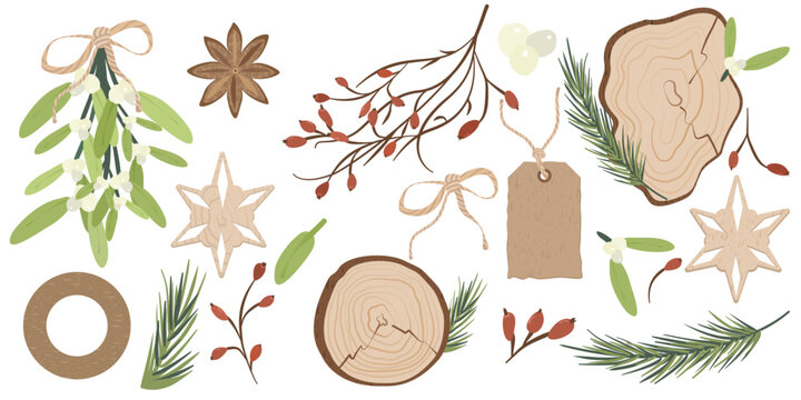 Rustic Christmas Clipart Set with Mistletoe Wood Slices and Kraft Tags. Hand Drawn Botanical Winter Illustrations for Eco Friendly Holiday Branding and Gift Wrapping.