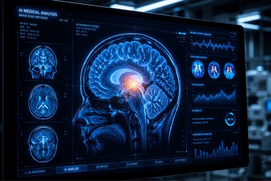 Digital display screen showing a glowing X-ray image of a human brain on a modern electronic machine control panel with a stereo sound player and radio buttons