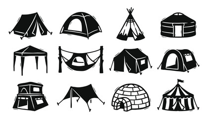 Minimalist camping tent and outdoor shelter icon set for travel and nature adventure branding © 777SKYLABS