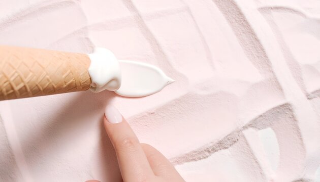 Upside down ice cream cone melting onto pink surface, finger present