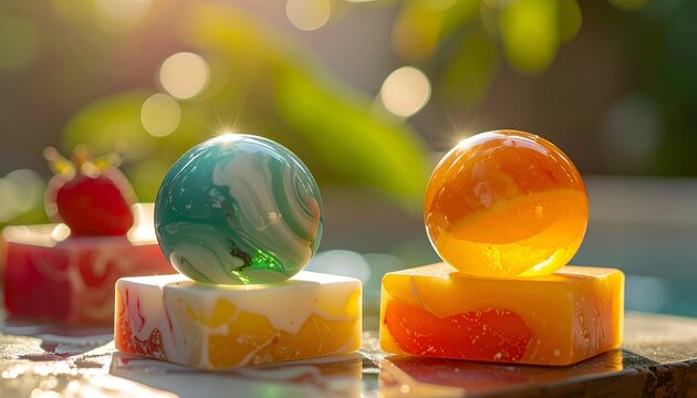 Two colorful orbs on marbled cubes, strawberry behind, warm bokeh backdrop