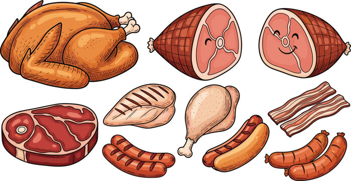 Assorted meat collection. Roasted chicken, ham, steak, bacon, sausages, and grilled chicken. Perfect for food menus, cooking icons, BBQ illustrations, and culinary designs.