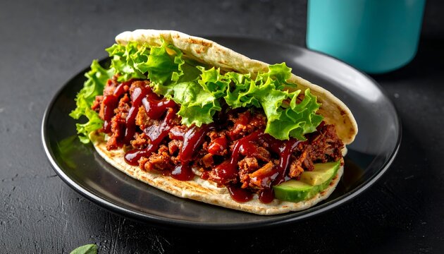 Open flatbread sandwich with meat, lettuce, and sauce on a dark plate