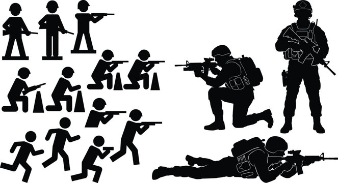 Military Soldier Silhouette Set Featuring Tactical Infantry Icons in Shooting Running and Standing Poses for Combat Graphic Design
