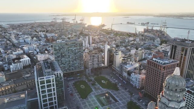 Sunset Montevideo Skyline In Montevideo Maldonado Uruguay. Beautifully Designed Park Adorned With Lush Greenery. Building Illumination Urban. Town Outside Panoramic City. Montevideo Maldonado.