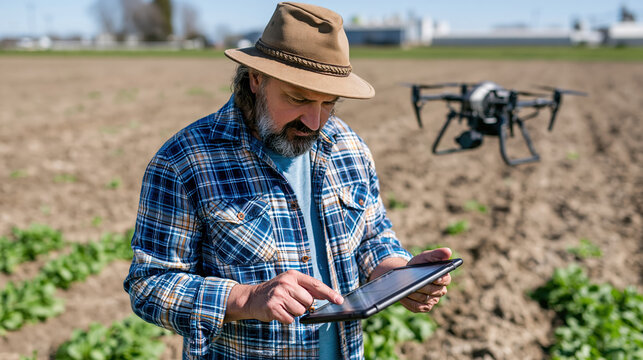 Attentive mature farmer monitor crop health in agriculture field with smart drone hovering nearby checking plant growth