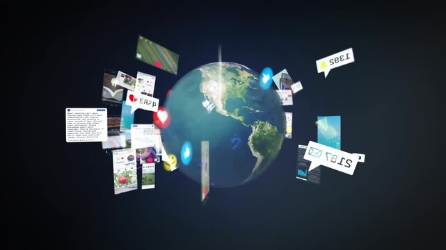 Cinematic globe animation surrounded by floating social posts and digital interfaces, visualizing global communication and online media flow for tech marketing campaigns