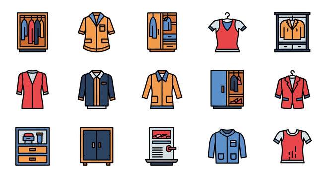 Wardrobe and apparel icons colorful illustrations of clothing and storage