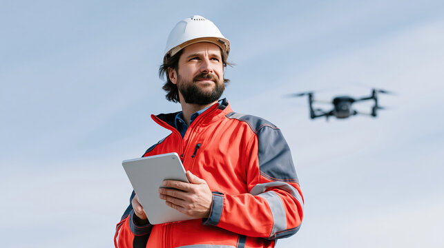 Confident construction manager using drone and tablet technology to survey site wearing hardhat and safety jacket looking forward