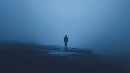 Fototapeta premium Solitary Figure in Misty Landscape, Evoking Mystery and Contemplation Amidst Soft Blue Tones, Representing Loneliness and Quiet Reflection in Nature