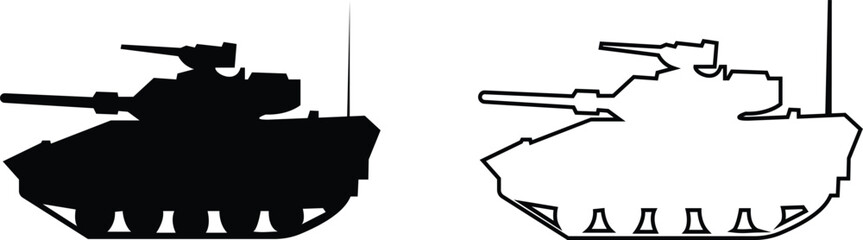 Military vehicle truck tank armored car set collection icons, transport carrier combat vehicle vector pack, army convoy transport silhouette and outline flat line black style isolated design elements © Asia
