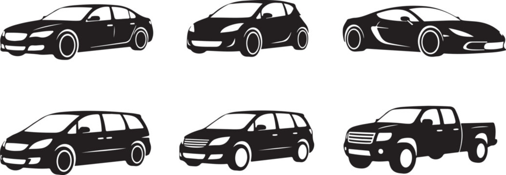 Black and white of six different car models, side view automobile sedan coupe d