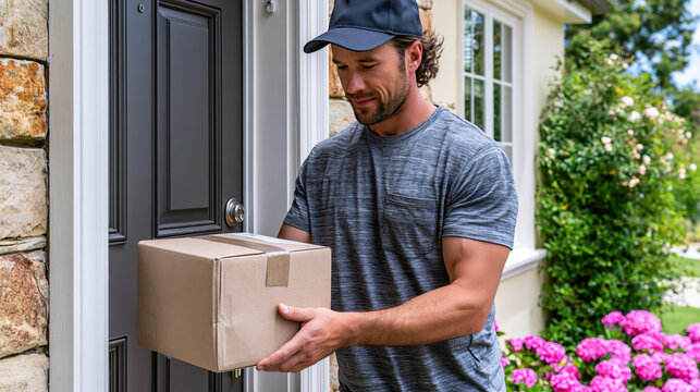 Content delivery driver placing cardboard package at front doorstep of residential house while holding box by door outdoors