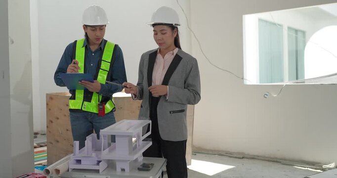 Male engineer and female architect review a building model, blueprints and a digital device at a residential construction site, planning design coordination and project development.
