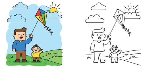 Naklejka premium Father and Son Flying a Kite in a Sunny Field Outdoor Activity Cartoon Illustration and Coloring Page Line Art Vector for Kids Education and Family Bonding Projects