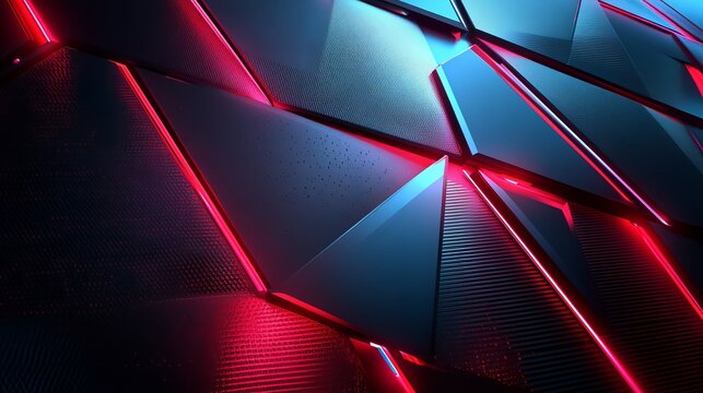 Abstract geometric background featuring sharp metallic triangles illuminated by vibrant glowing red and blue light