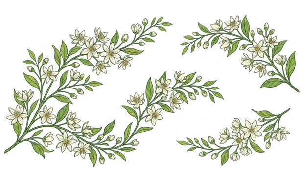 Elegant Bokul flower branch illustration with Mimusops elengi botanical floral design