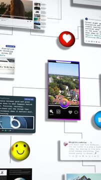 Vertical social media visualization with floating posts, reaction icons and mobile interfaces, perfect for creator economy campaigns and digital communication branding