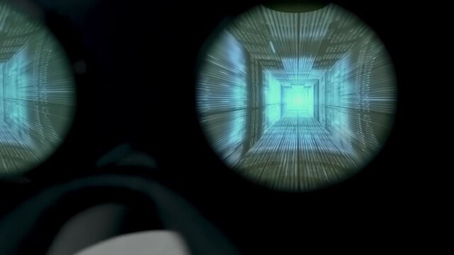 Close cinematic view through futuristic VR goggles revealing a glowing digital tunnel, designed for metaverse advertising, gaming technology and innovation campaigns