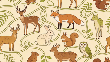Obraz premium Whimsical forest animals pattern with deer, fox, rabbit, squirrel, owl, and foliage.