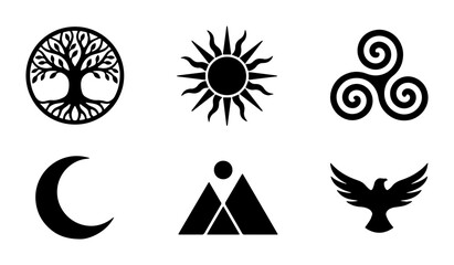 Mystical Symbols Collection: Tree of Life, Sun, Triskele, Moon, Mountains, Eagle Icons. Esoteric, Pagan, Nature, Spiritual Vector Graphics. © Nadia