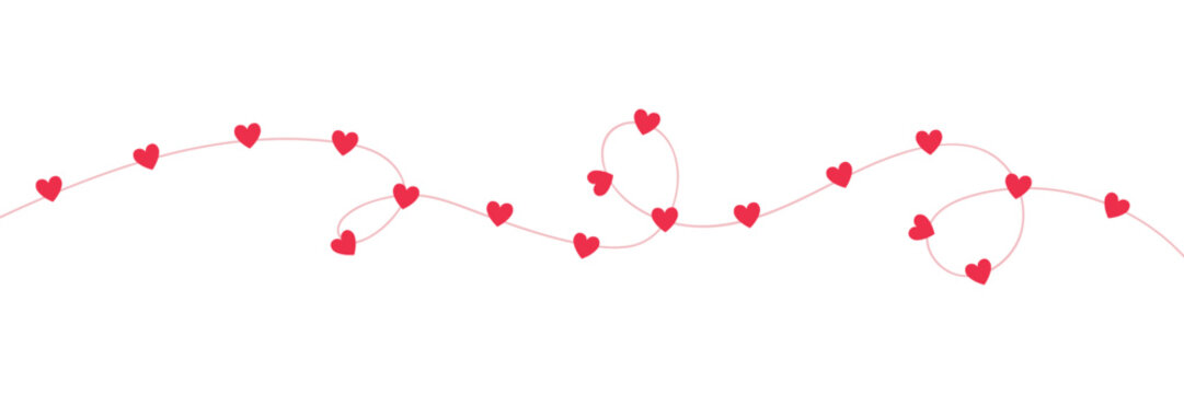 Paper pink heart string frame. Valentine day garland. Love background. Wedding banner. Happy Holiday decoration. Birthday party bg. Hanging confetti. 8 March card. Vector illustration