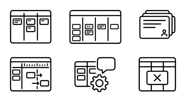 Kanban Board Icons Set, Agile Project Management Tools, Workflow Visualization, Task Management System, Business Process Flow, Team Collaboration Boards