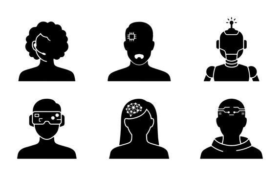 Diverse Human and Robot Icons, Futuristic Technology and AI Concepts, Silhouette Set for Digital Applications