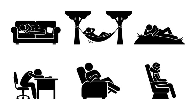Relaxation and Rest Icons Set, People Resting on Sofa, Hammock, Desk, Recliner, and Airplane Seat, Vector Stick Figures in Leisure Poses