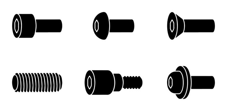 Set of Six Black Hex Socket Bolts, Allen Screws, and Fasteners, Industrial Hardware Icons, Mechanical Components