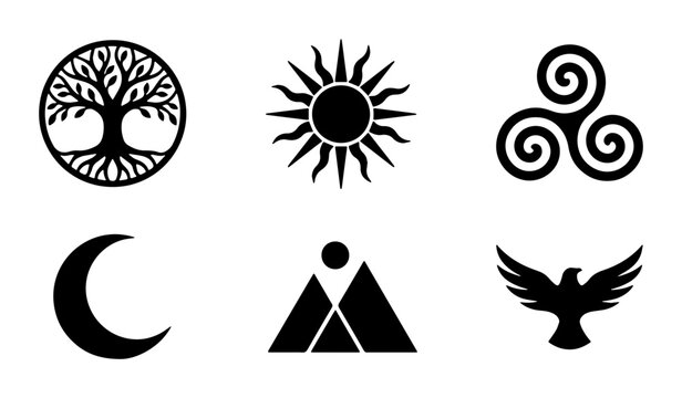 Mystical Symbols Collection: Tree of Life, Sun, Triskele, Moon, Mountains, Eagle Icons. Esoteric, Pagan, Nature, Spiritual Vector Graphics.