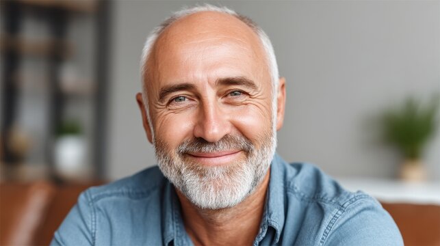 Friendly mature man with gray beard smiling warmly in a cozy indoor setting, showcasing happiness and contentment in his expression and demeanor