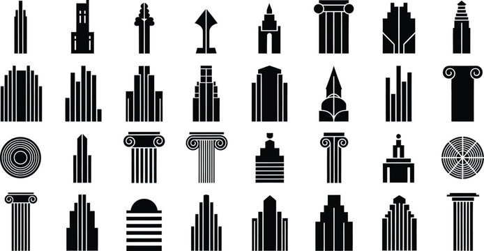 Art Deco Architectural Icon Set: Retro Skyscraper Silhouettes and Classic Column Elements