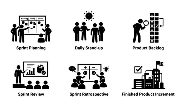 Agile Methodology Icons: Sprint Planning, Daily Stand-up, Product Backlog, Sprint Review, Retrospective, Finished Product Increment, 6 Vector Graphics Set