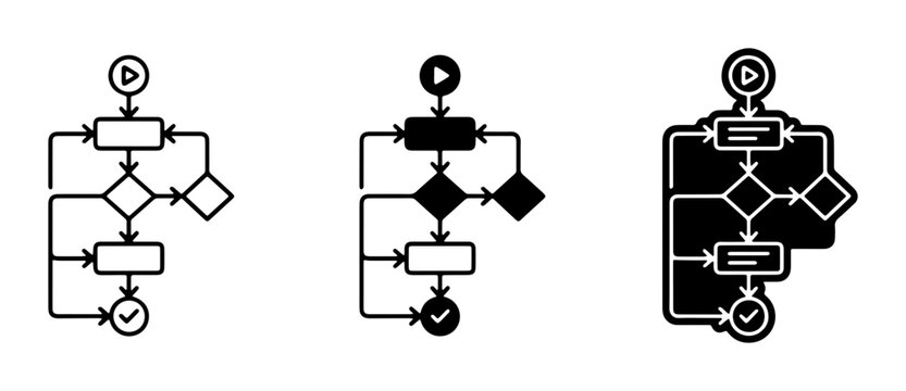 Flowchart Icons Set, Process Diagram Symbols, Workflow Steps, Decision Tree Graphics, Business Logic Flowcharts, Algorithm Visualization, 3 Variations