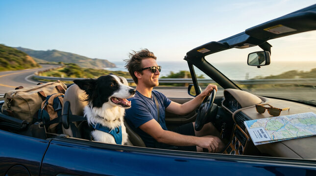 Man and dog driving convertible along coastal road