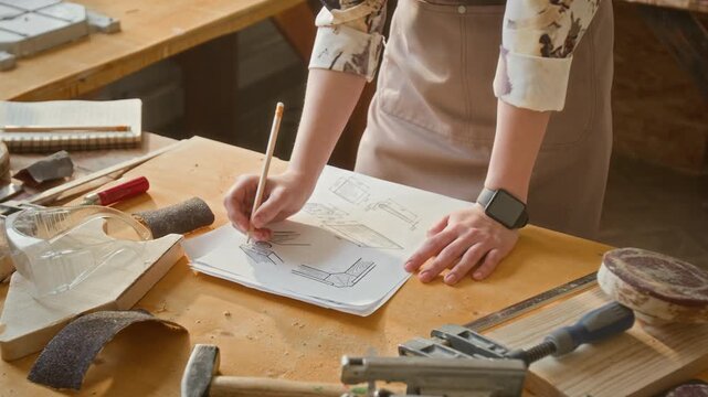 Midsection view of anonymous girl putting papers with woodworking sketches on workbench and marking them up with pencil